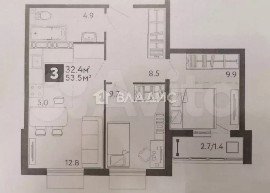 3-к. квартира, 54 м, 12/16 эт. - Фото 0