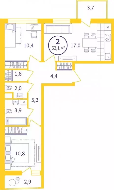 2-комнатная квартира: Екатеринбург, ЖК Астон Реформа (57.98 м) - Фото 0