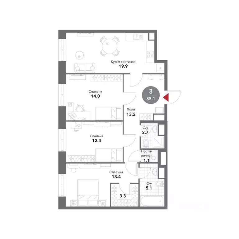 3-к кв. Москва Воксхолл жилой комплекс (85.2 м) - Фото 1