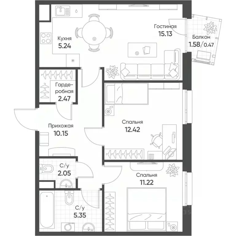 3-к кв. Татарстан, Казань Счастье в Казани жилой комплекс (64.5 м) - Фото 1