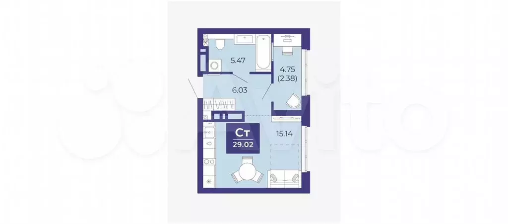 Квартира-студия, 29 м, 3/22 эт. - Фото 1