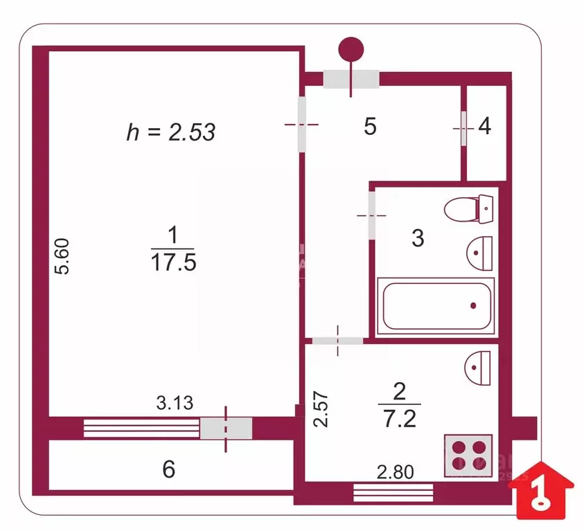 1-к кв. Омская область, Омск Новокирпичная ул., 1 (35.9 м) - Фото 2