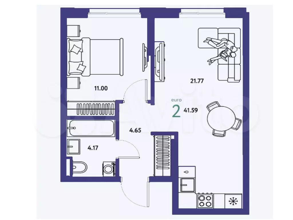 1-к. квартира, 41,6 м, 2/8 эт. - Фото 1