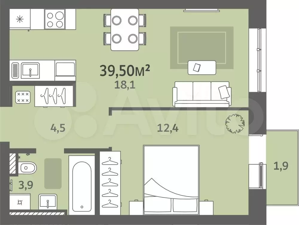 1-к. квартира, 39,5 м, 9/9 эт. - Фото 0