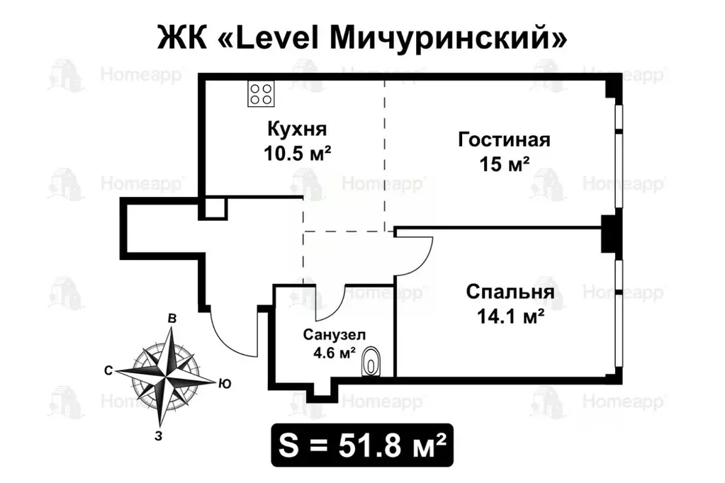 2-к кв. Москва Левел Мичуринский жилой комплекс (51.8 м) - Фото 1
