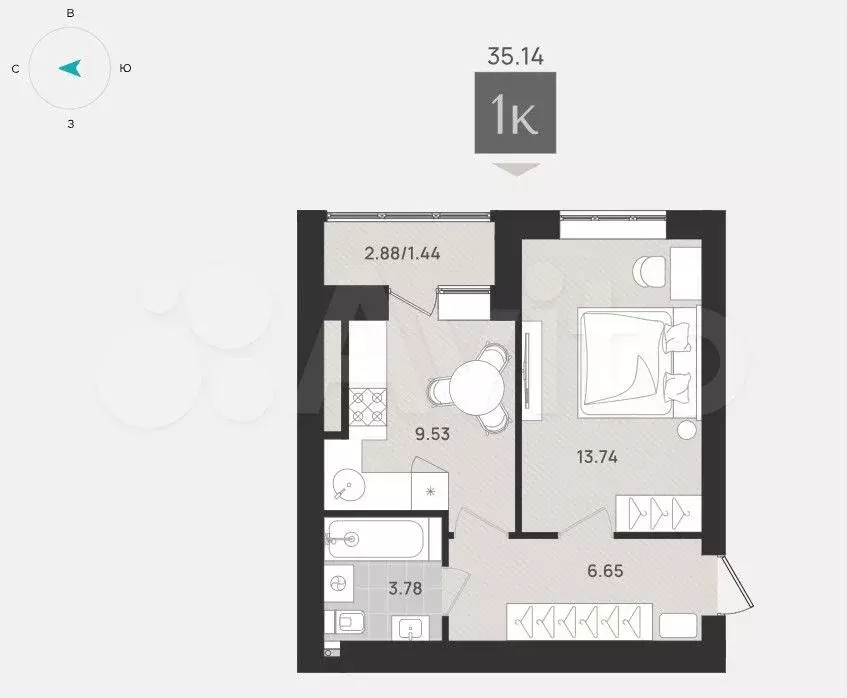 1-к. квартира, 35,1 м, 3/9 эт. - Фото 1