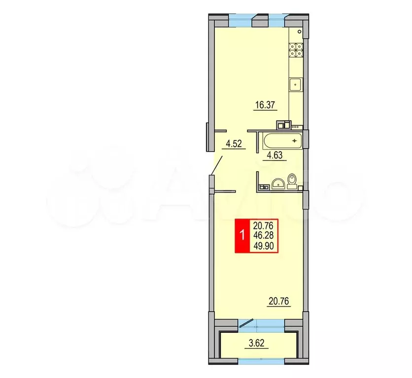 1-к. квартира, 49,9 м, 5/8 эт. - Фото 0