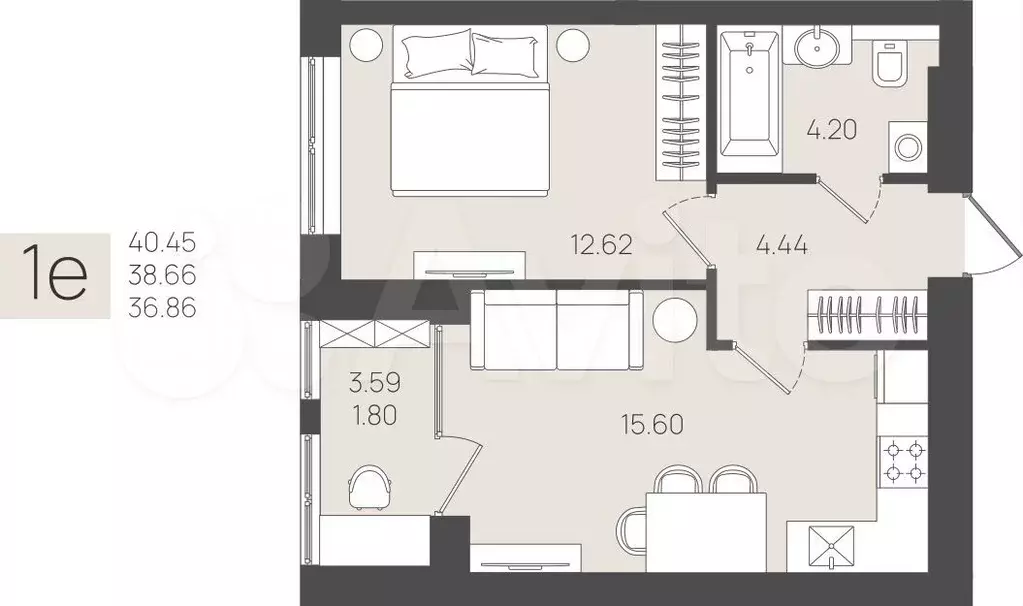 1-к. квартира, 38,7 м, 5/5 эт. - Фото 1