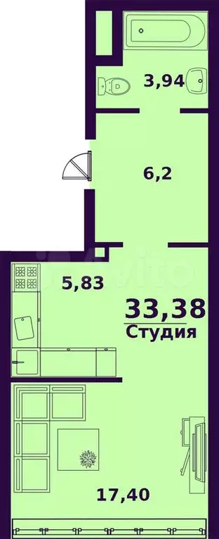 Квартира-студия, 33,4 м, 3/24 эт. - Фото 0