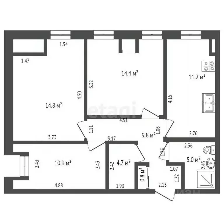 3-к кв. Ростовская область, Ростов-на-Дону Космическая ул., 3/1 (71.6 ... - Фото 1