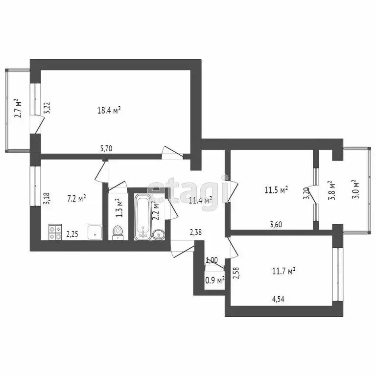 3-комнатная квартира: Новоозёрное, Парковая улица, 4 (64.3 м) - Фото 1