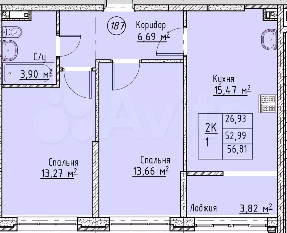 2-к. квартира, 57,1 м, 13/19 эт. - Фото 0