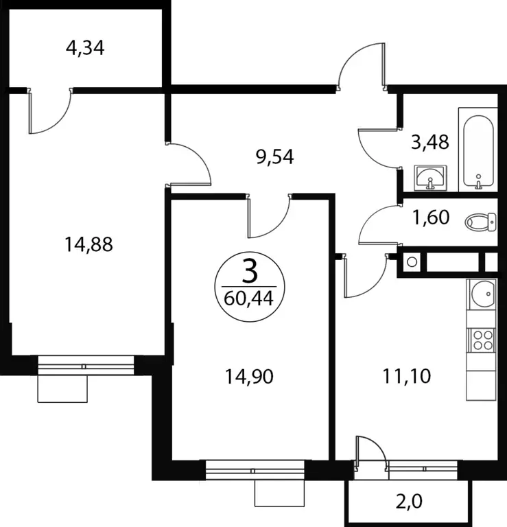 2-к квартира, 60.44 м - Фото 0