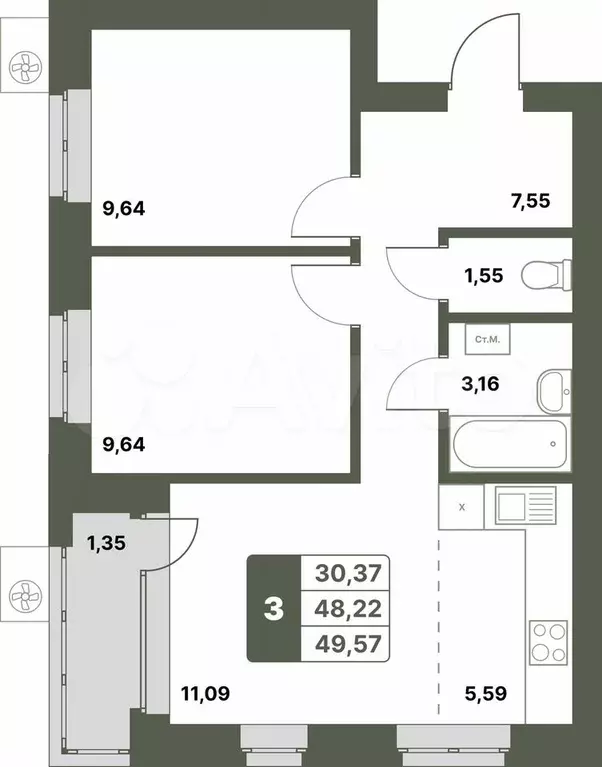 3-к. квартира, 49,6 м, 5/6 эт. - Фото 0