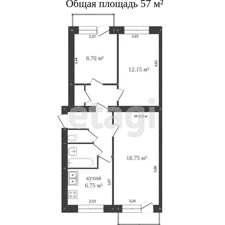 3-комнатная квартира: Тобольск, микрорайон Менделеево, 18 (58.5 м) - Фото 1