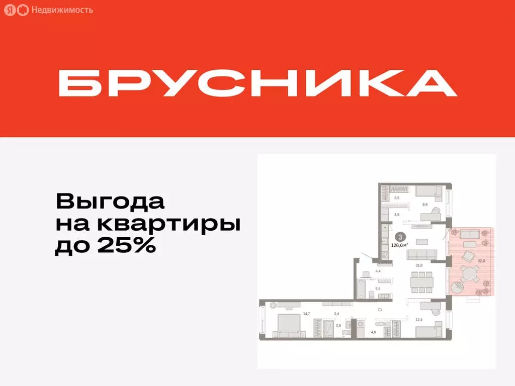 3-комнатная квартира: Тюмень, жилой комплекс На Минской (126.64 м) - Фото 0