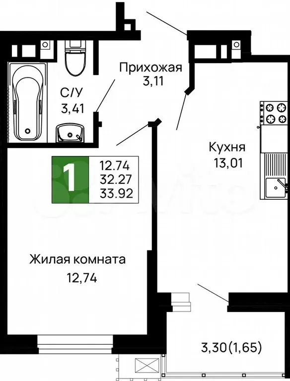 1-к. квартира, 33,1 м, 6/14 эт. - Фото 1