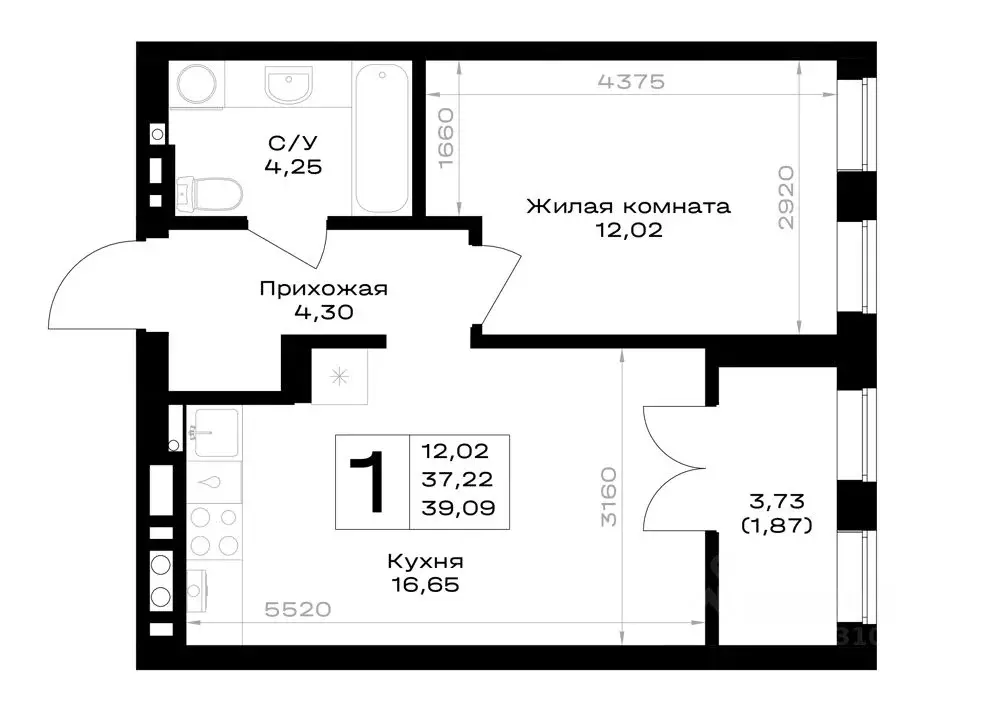 1-к кв. Калининградская область, Гурьевск Включи жилой комплекс (39.09 ... - Фото 1