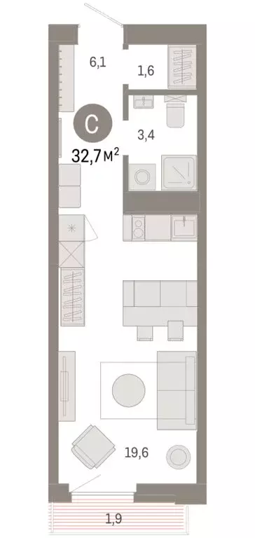 Квартира-студия: Тюмень, жилой комплекс Зарека (32.72 м) - Фото 1