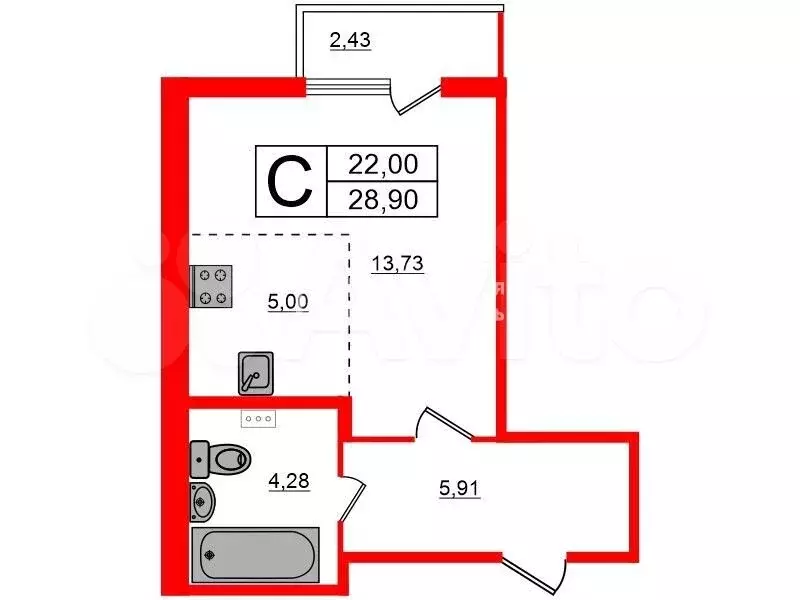 Квартира-студия, 28,9 м, 3/5 эт. - Фото 0