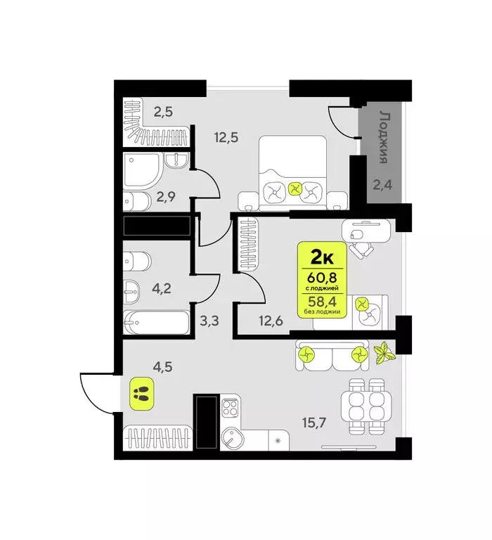 2-комнатная квартира: Тюмень, улица Андрея Приказнова, 1 (60.8 м) - Фото 1