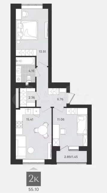 1-к. квартира, 55,1 м, 5/9 эт. - Фото 1