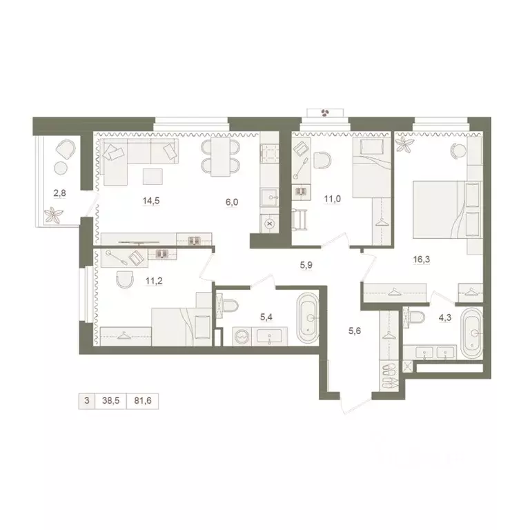 3-к кв. Башкортостан, Уфа Родина Парк жилой комплекс (81.6 м) - Фото 0