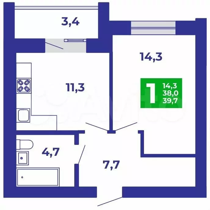 1-к. квартира, 39,7м, 6/9эт. - Фото 0