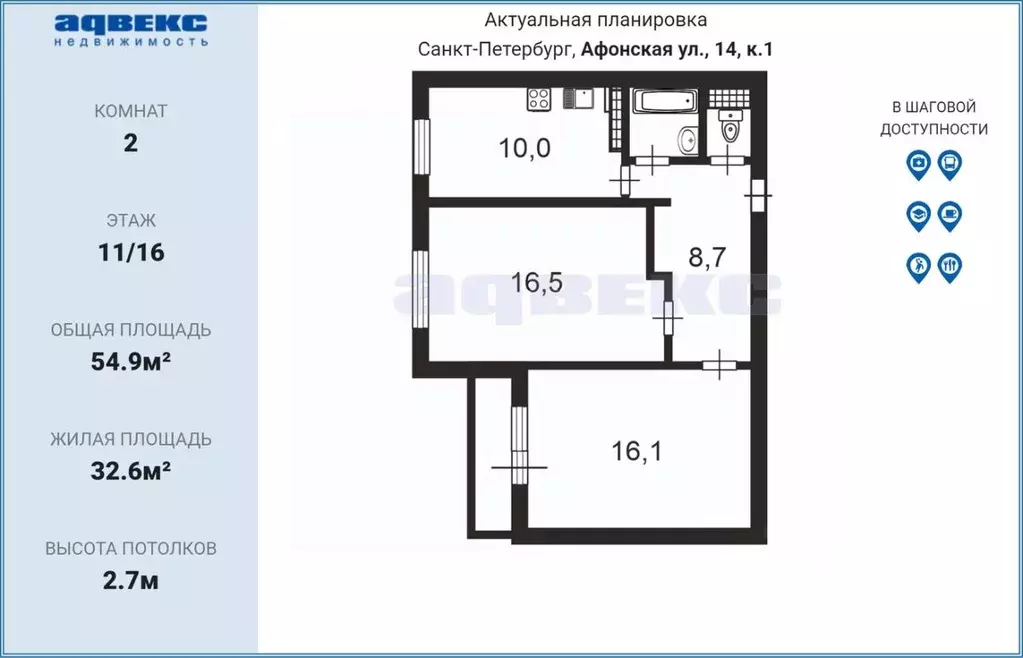 2-к кв. Санкт-Петербург Афонская ул., 14 (54.9 м) - Фото 2