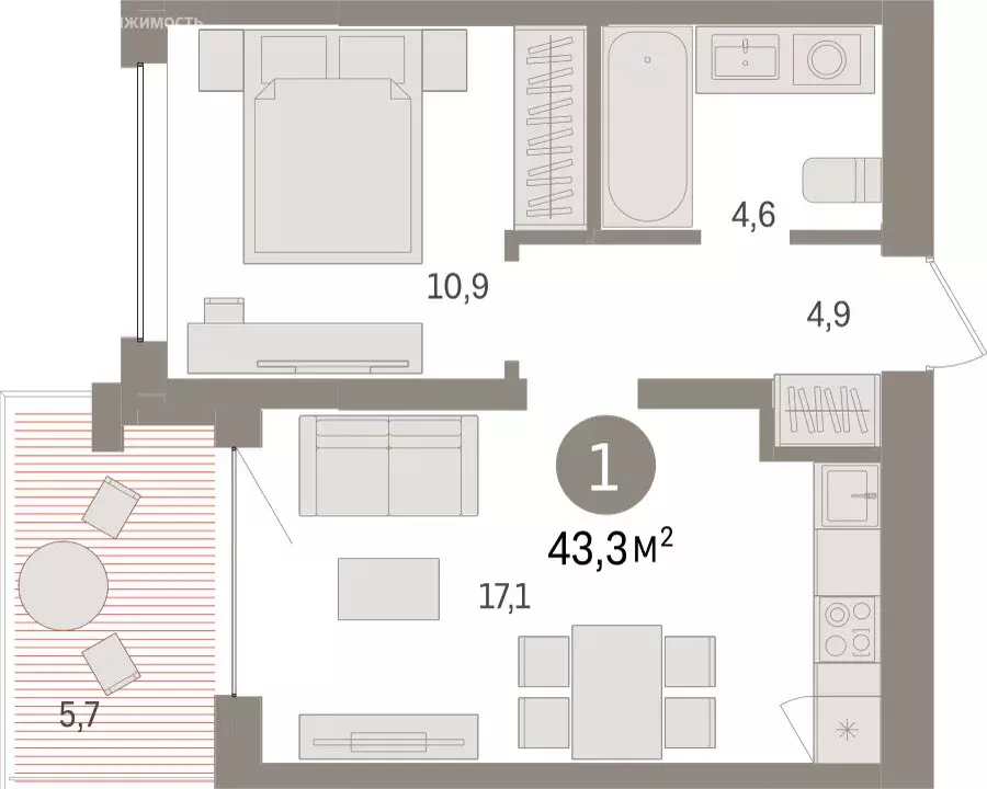 1-комнатная квартира: Тюмень, ЖК Дом у Озера (43.31 м) - Фото 1