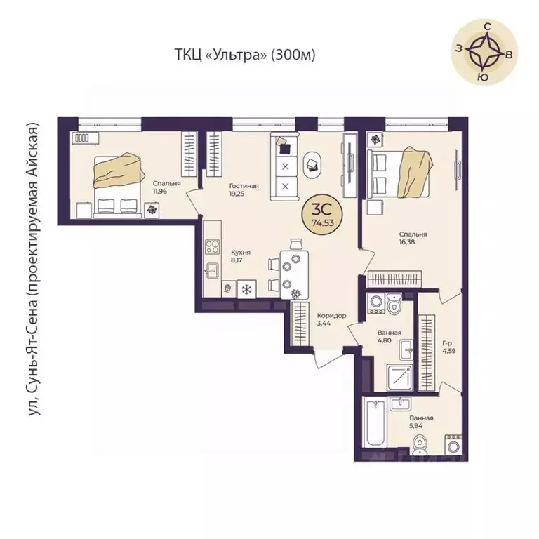 3-к кв. Башкортостан, Уфа Кузнецовский Затон мкр,  (74.53 м) - Фото 1