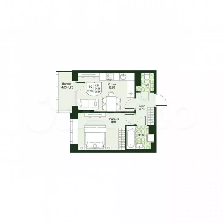 1-к. квартира, 35,9 м, 4/4 эт. - Фото 0