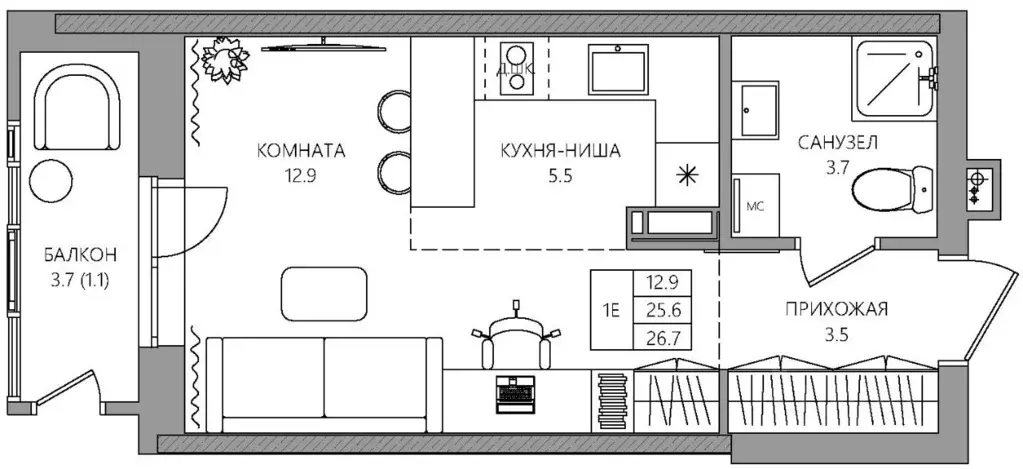 Студия Пермский край, Пермь Батумская ул., 21 (26.7 м) - Фото 1