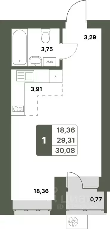 1-к кв. Башкортостан, Уфимский район, с. Миловка  (30.08 м) - Фото 1
