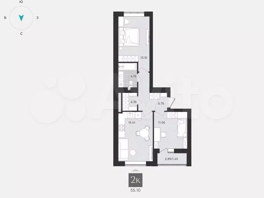 2-к. квартира, 55,1 м, 8/9 эт. - Фото 1