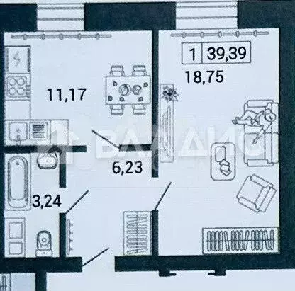 1-к. квартира, 39,4 м, 6/9 эт. - Фото 0