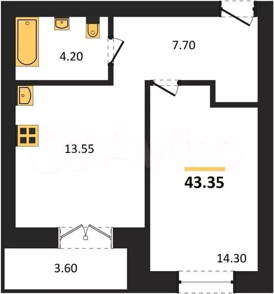 1-к. квартира, 43,4 м, 8/8 эт. - Фото 0