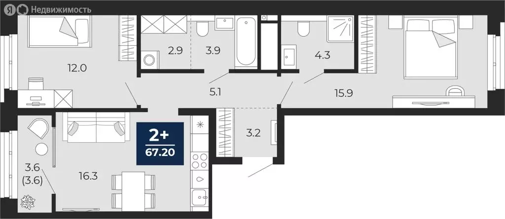 2-комнатная квартира: Тюмень, улица Тимофея Чаркова, 77 (67.2 м) - Фото 1