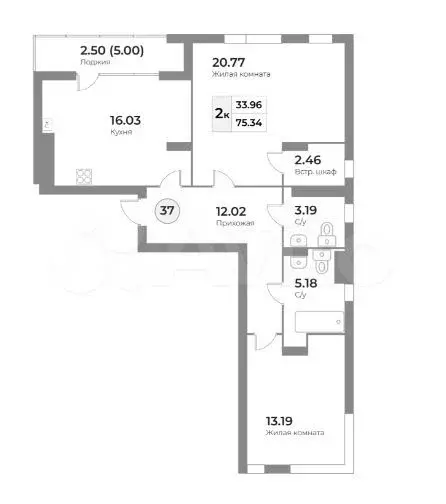 2-к. квартира, 75,3 м, 2/7 эт. - Фото 1