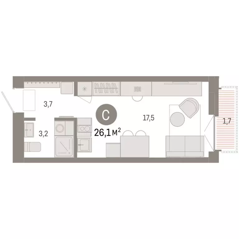 Квартира-студия: Новосибирск, Большевистская улица, 66 (26.07 м) - Фото 2