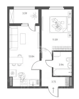 1-к кв. Липецкая область, Липецк ул. Перова, 2 (37.0 м) - Фото 1