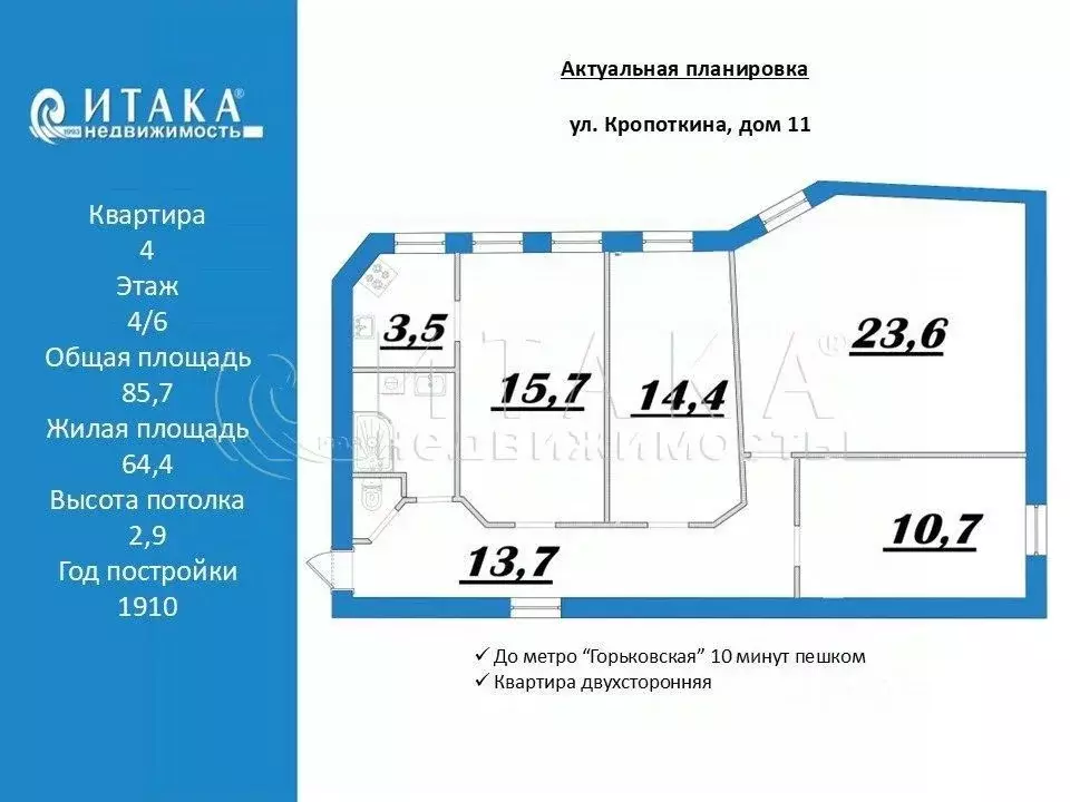 4-к кв. Санкт-Петербург ул. Кропоткина, 11 (85.7 м) - Фото 2