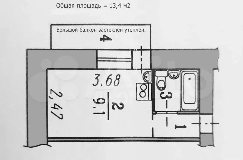 1-к. квартира, 13,4 м, 9/9 эт. - Фото 0