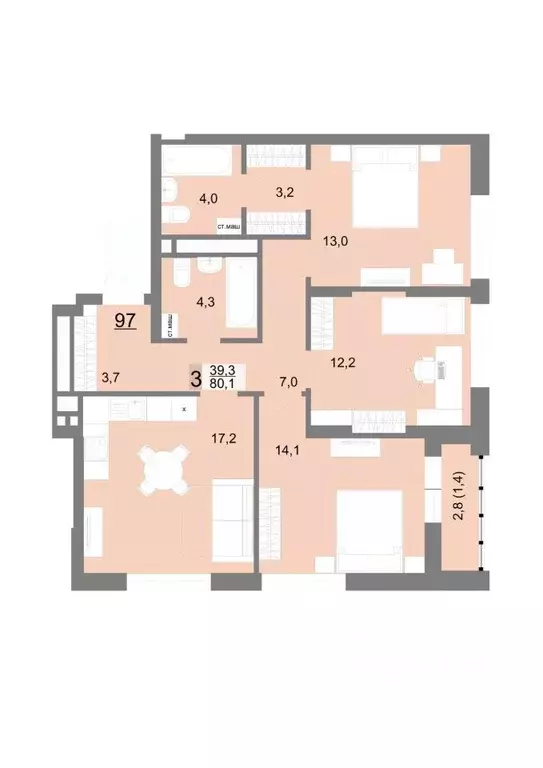 3-к кв. Свердловская область, Екатеринбург ул. Шаумяна, 77 (80.1 м) - Фото 0