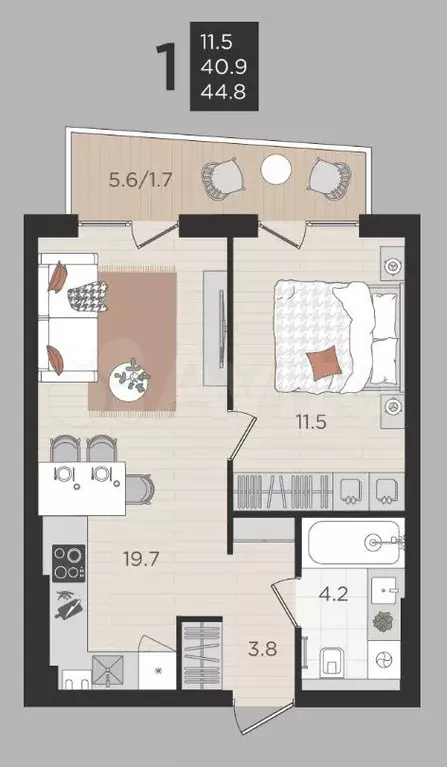 1-к. квартира, 41 м, 3/4 эт. - Фото 1