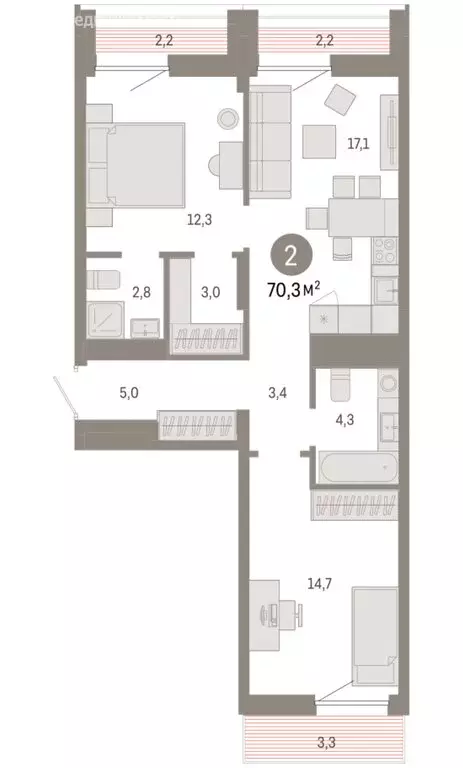 2-комнатная квартира: Тюмень, улица Республики, 205к1 (70.33 м) - Фото 2