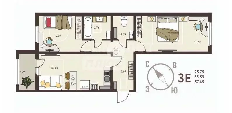 2-к кв. Курская область, Курск ул. Энгельса, 115 (57.45 м) - Фото 1