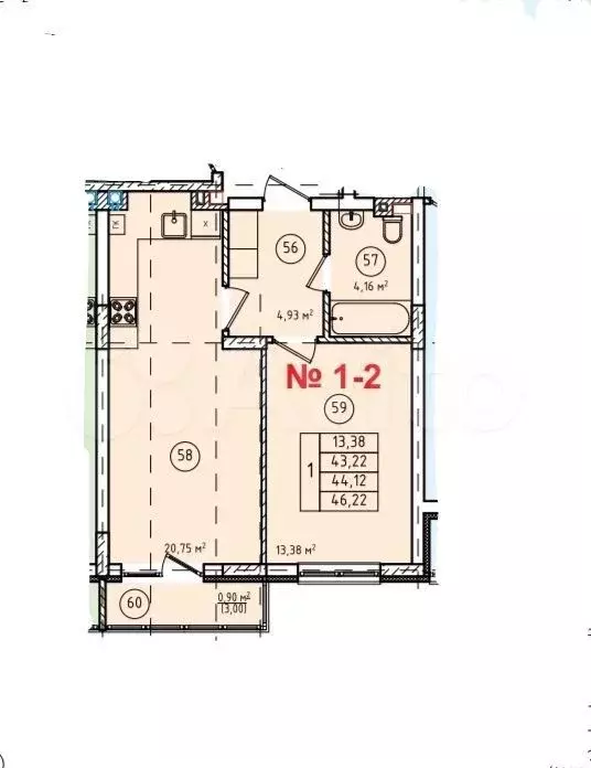 1-к. квартира, 46,2 м, 1/8 эт. - Фото 1