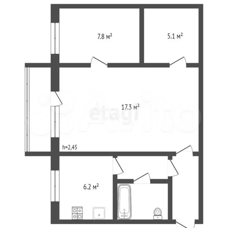 2-к. квартира, 44,8 м, 4/4 эт. - Фото 0