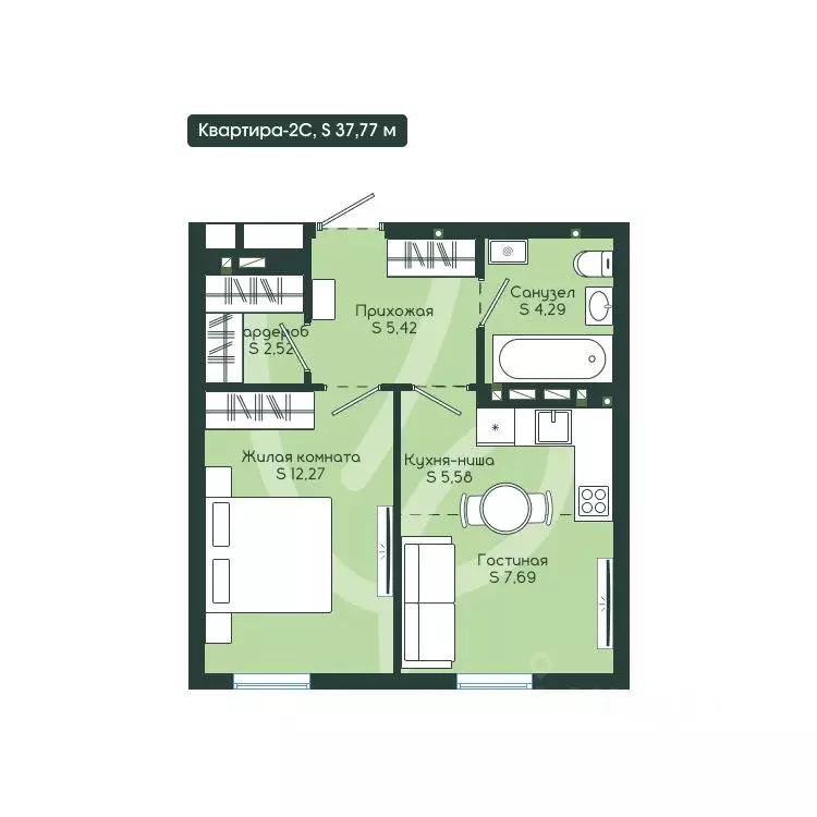2-к кв. Кемеровская область, Новокузнецк Клевер жилой комплекс (37.77 ... - Фото 2